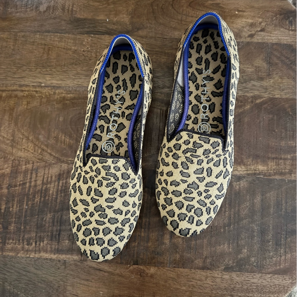 Rothy's Leopard Print Slip-On Flats with Royal Blue Trim - Picture 3 of 6